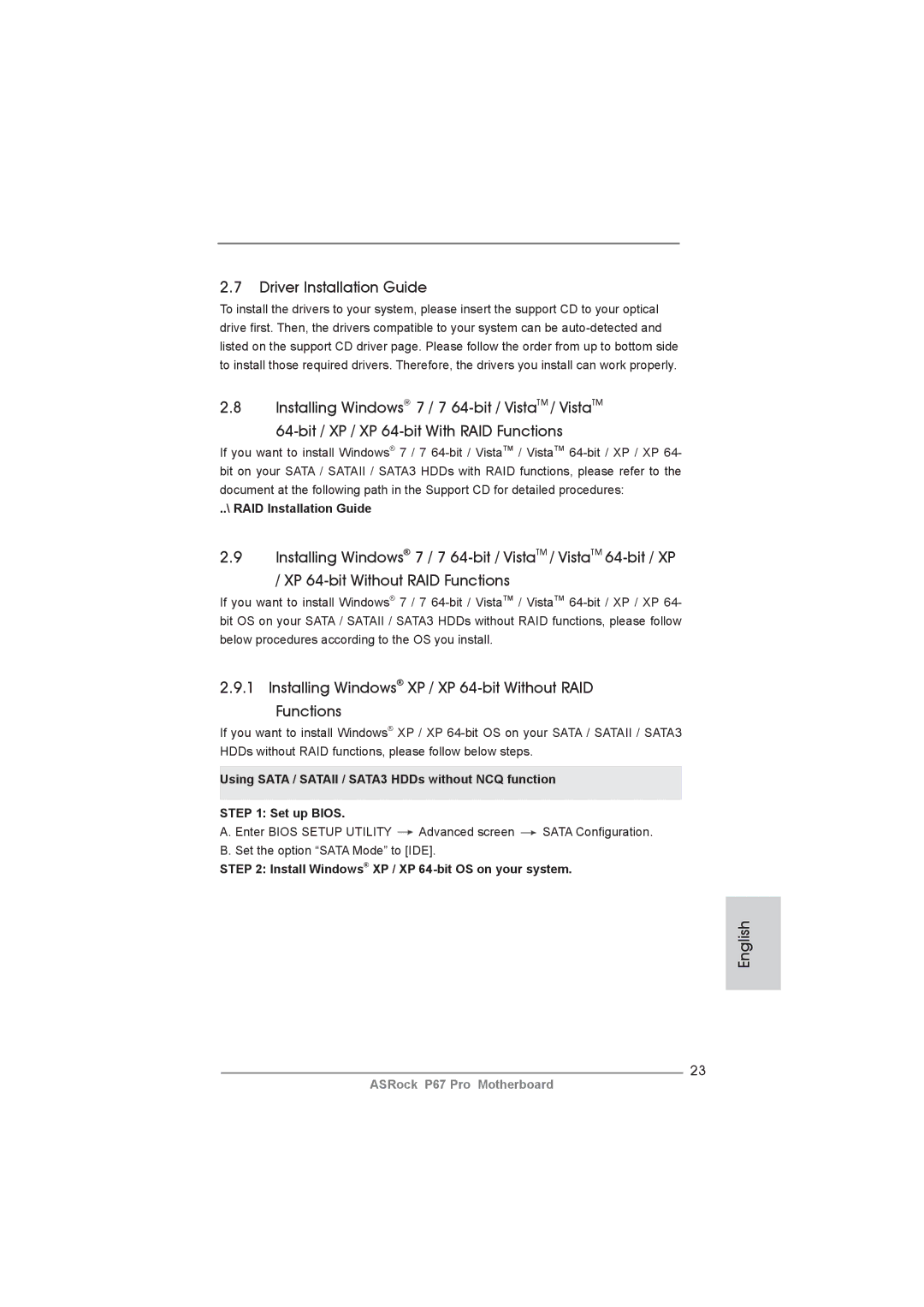 ASRock P67 Pro manual Driver Installation Guide, Installing Windows XP / XP 64-bit Without RAID Functions 