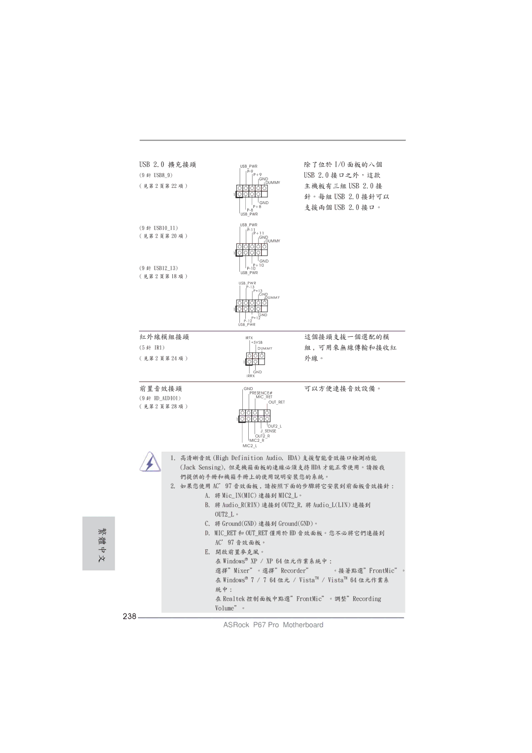 ASRock P67 Pro manual 238, USB 2.0 擴充接頭 