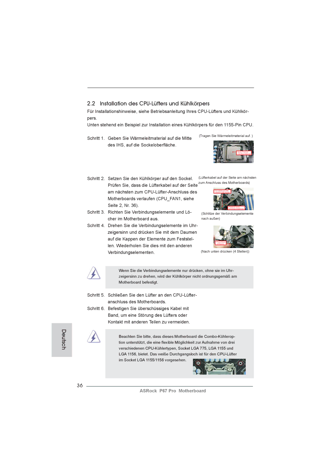 ASRock P67 Pro manual Installation des CPU-Lüfters und Kühlkörpers 