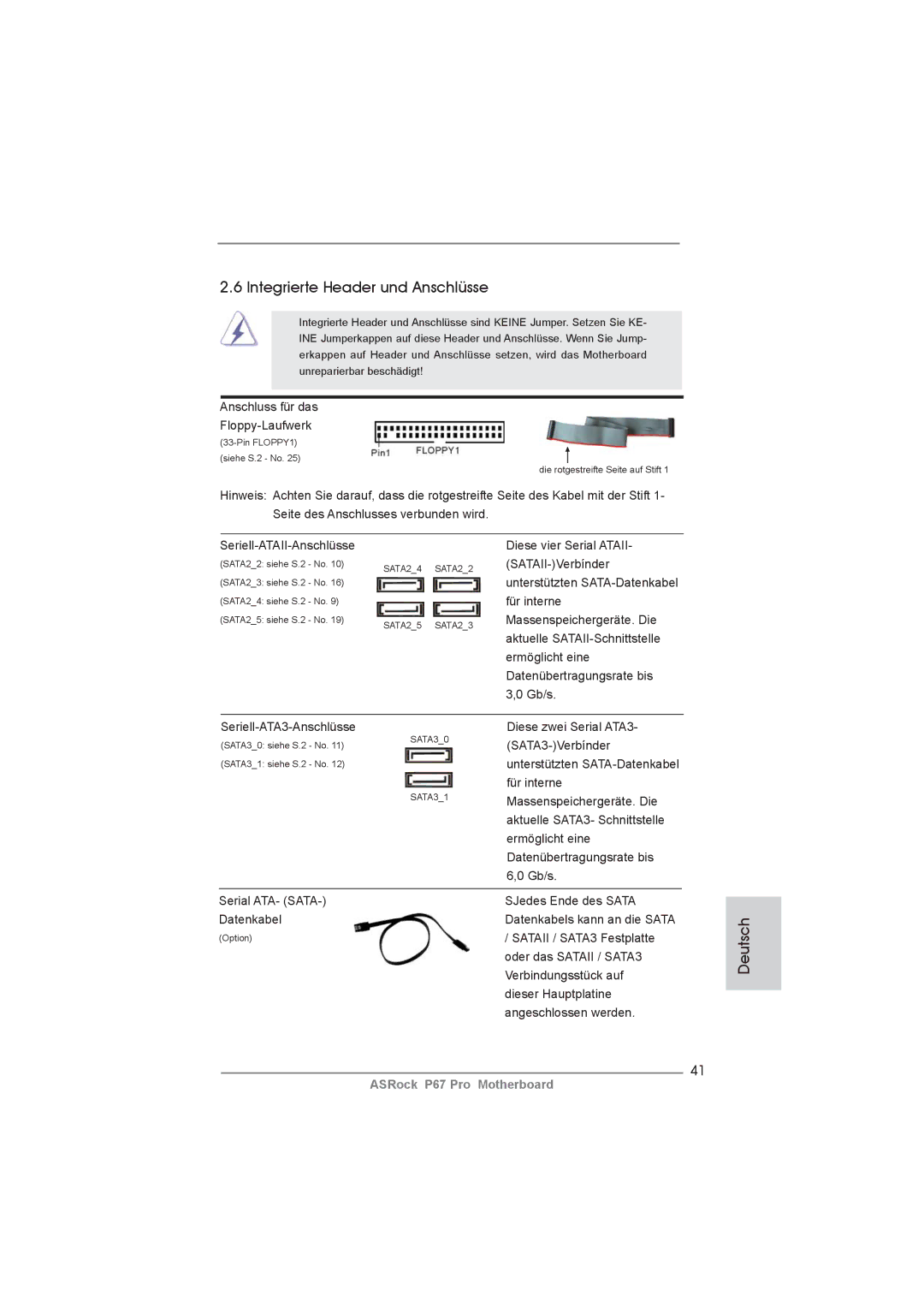 ASRock P67 Pro manual Integrierte Header und Anschlüsse 