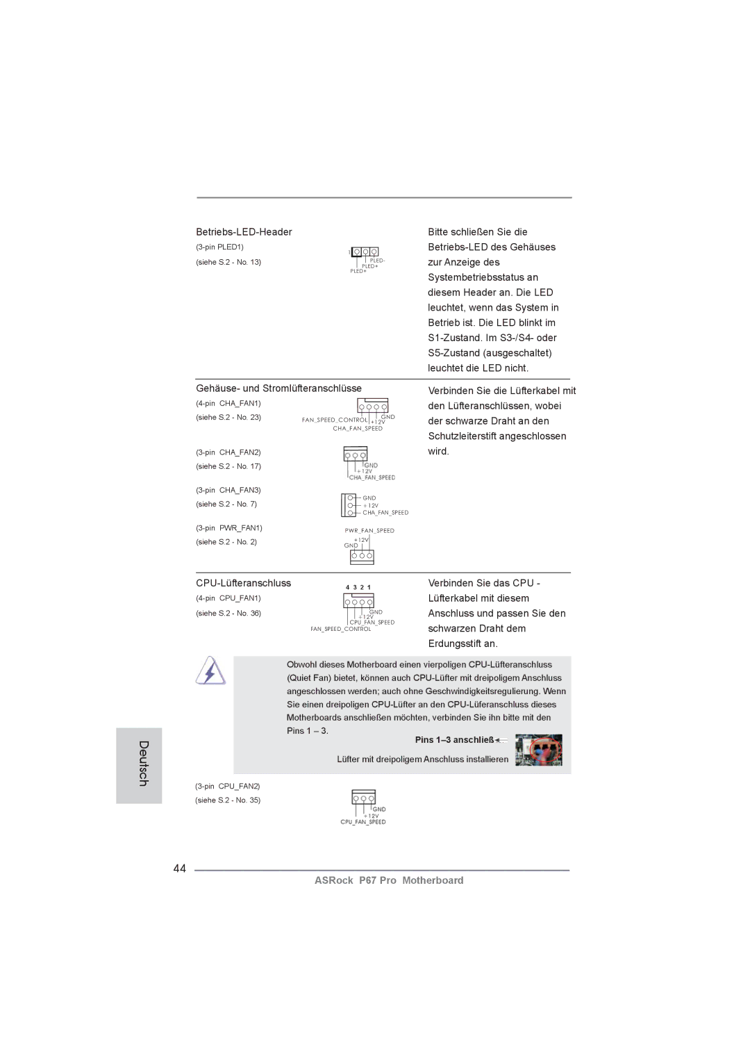 ASRock P67 Pro manual Pins 1-3 anschließen 