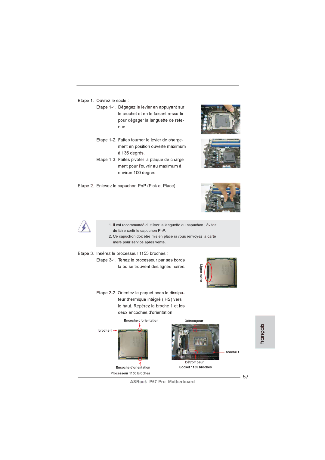 ASRock P67 Pro manual Etape 3. Insérez le processeur 1155 broches 