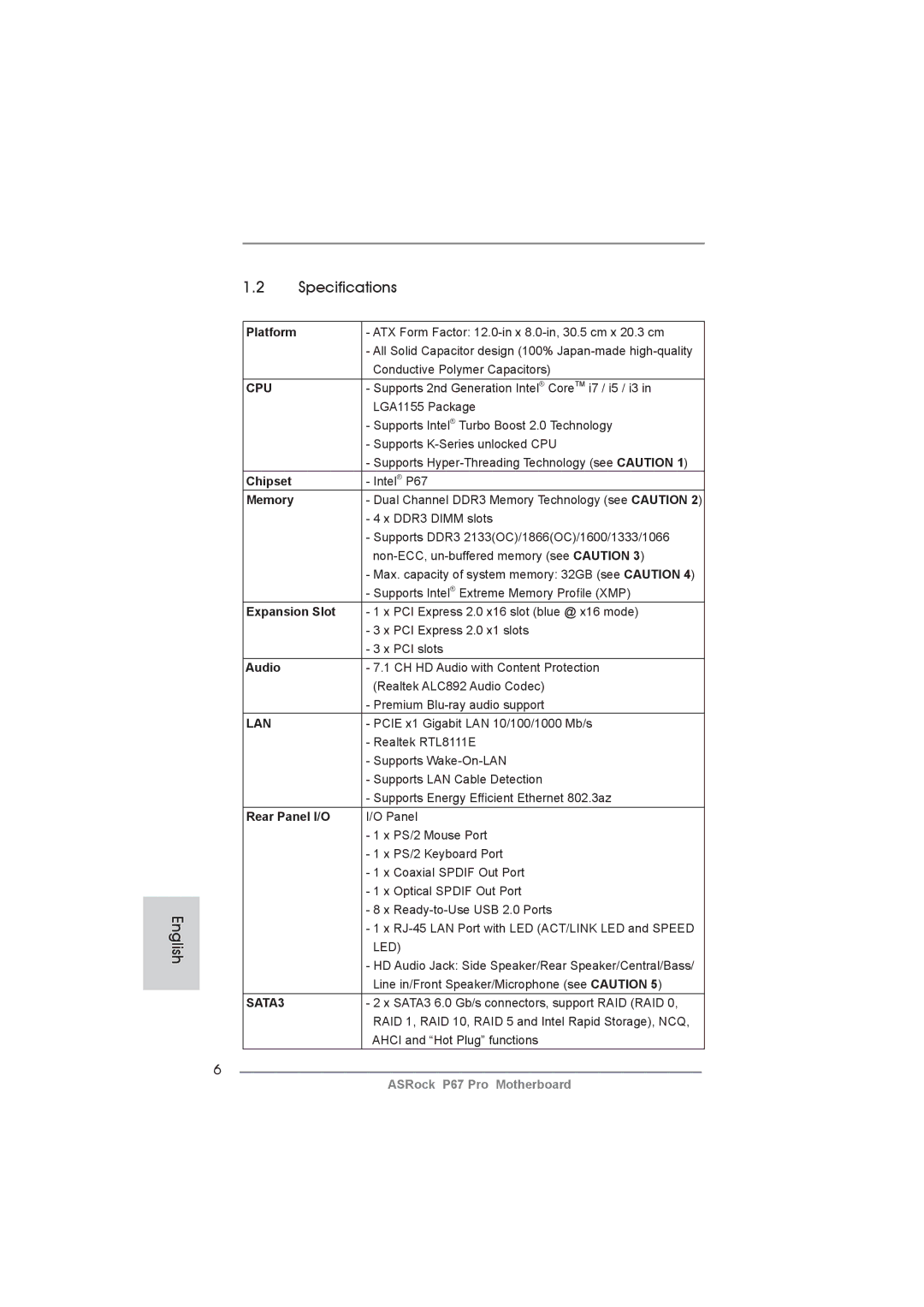 ASRock P67 Pro manual English Specifications 