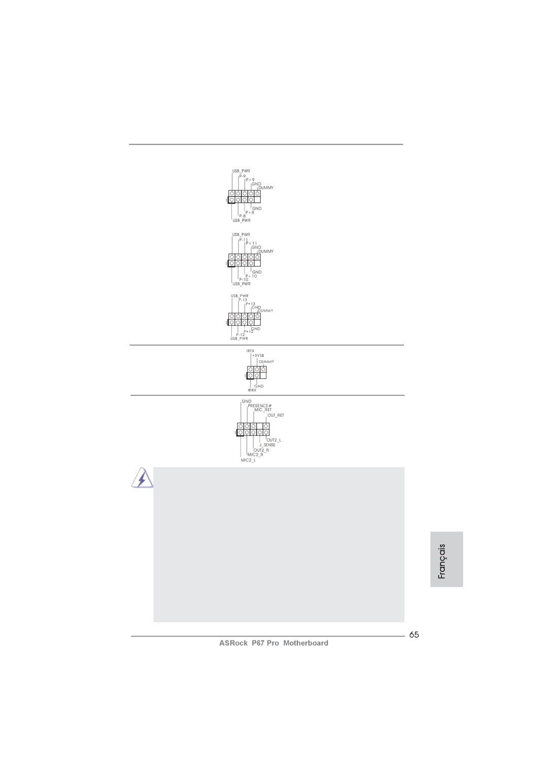 ASRock P67 Pro manual En-tête USB, Infrarouge optionnel de, Transfert et de réception sans, Connecteur audio panneau 