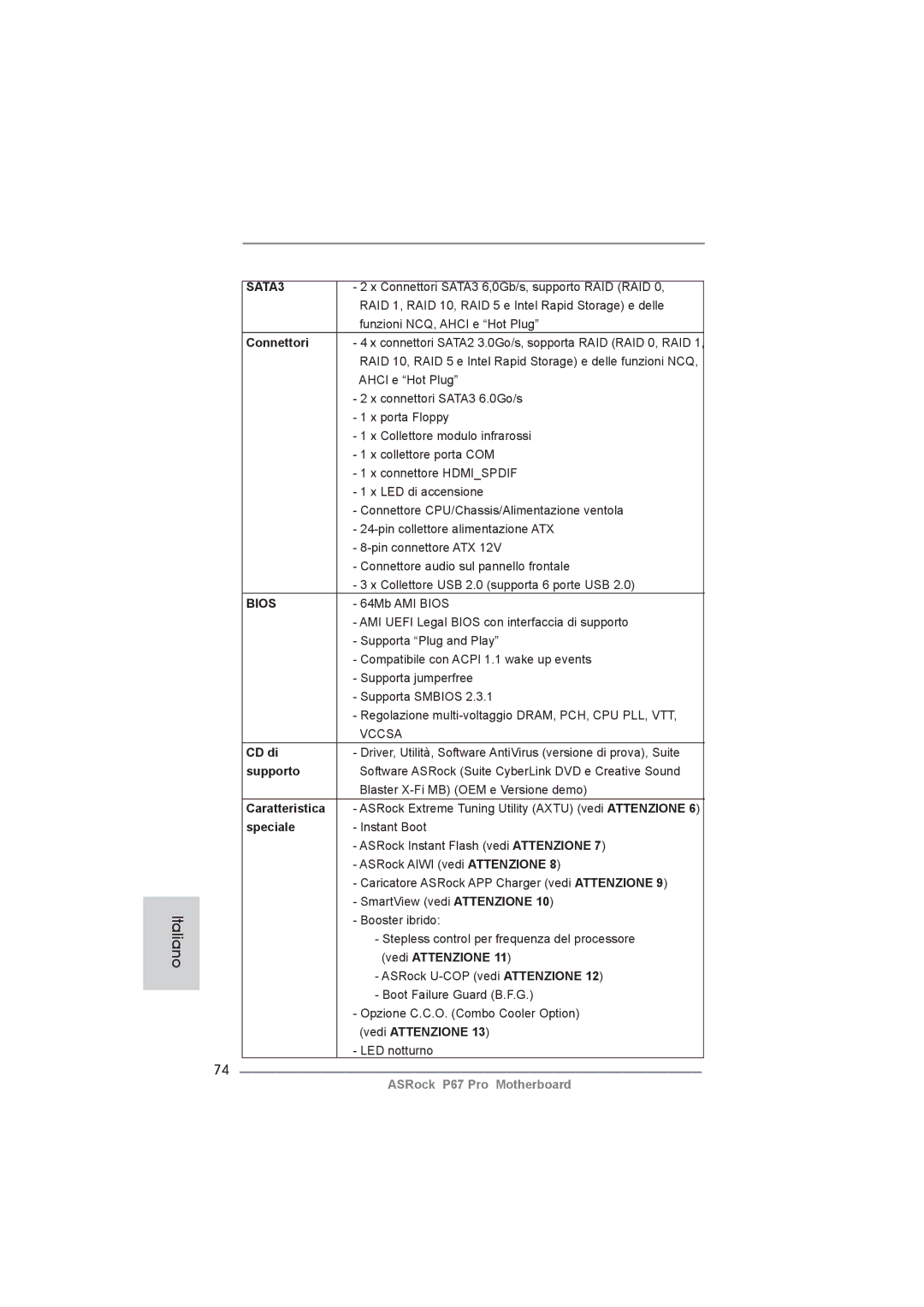 ASRock P67 Pro manual Connettori, CD di, Supporto, Caratteristica, Speciale 
