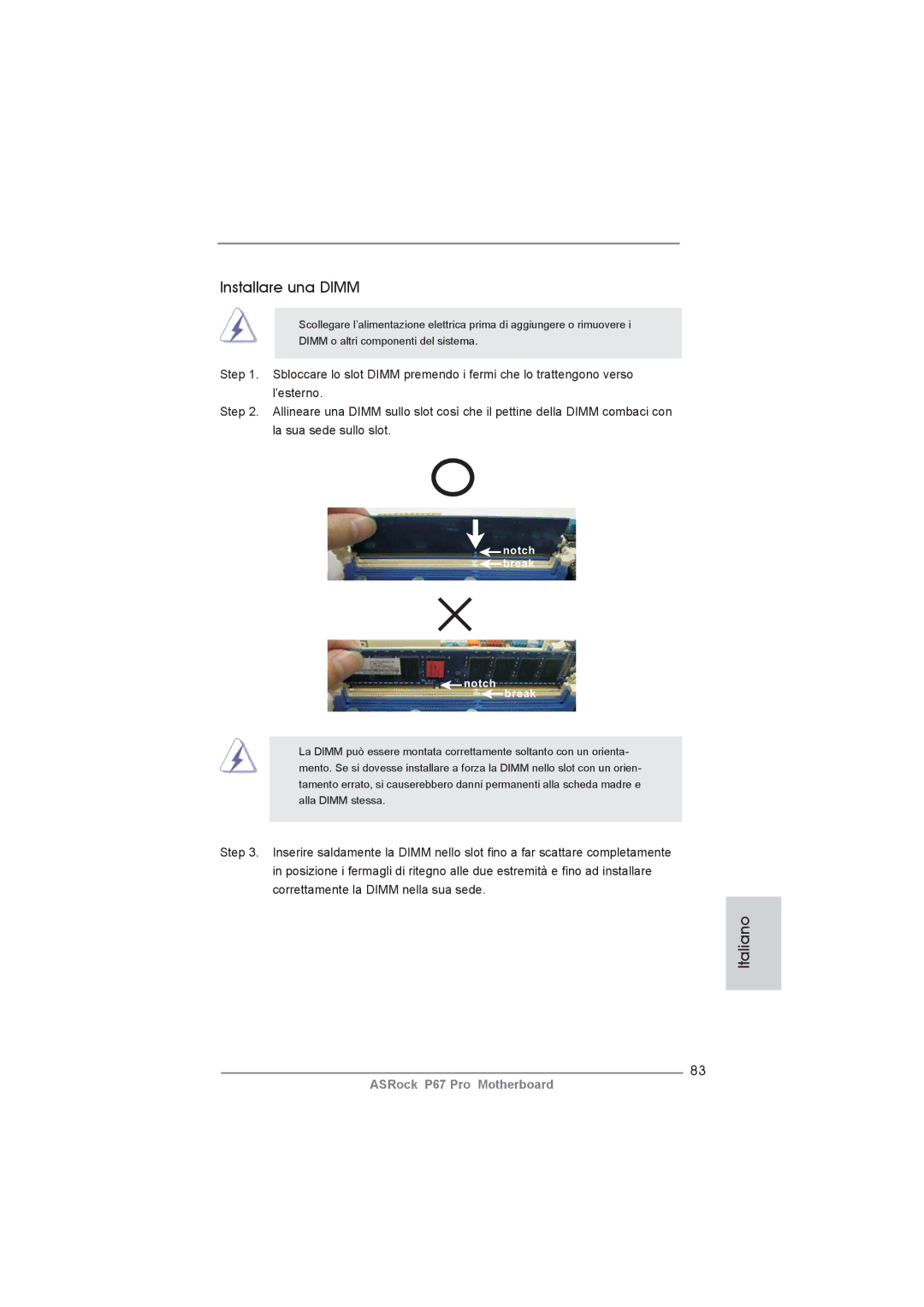 ASRock P67 Pro manual Installare una Dimm 