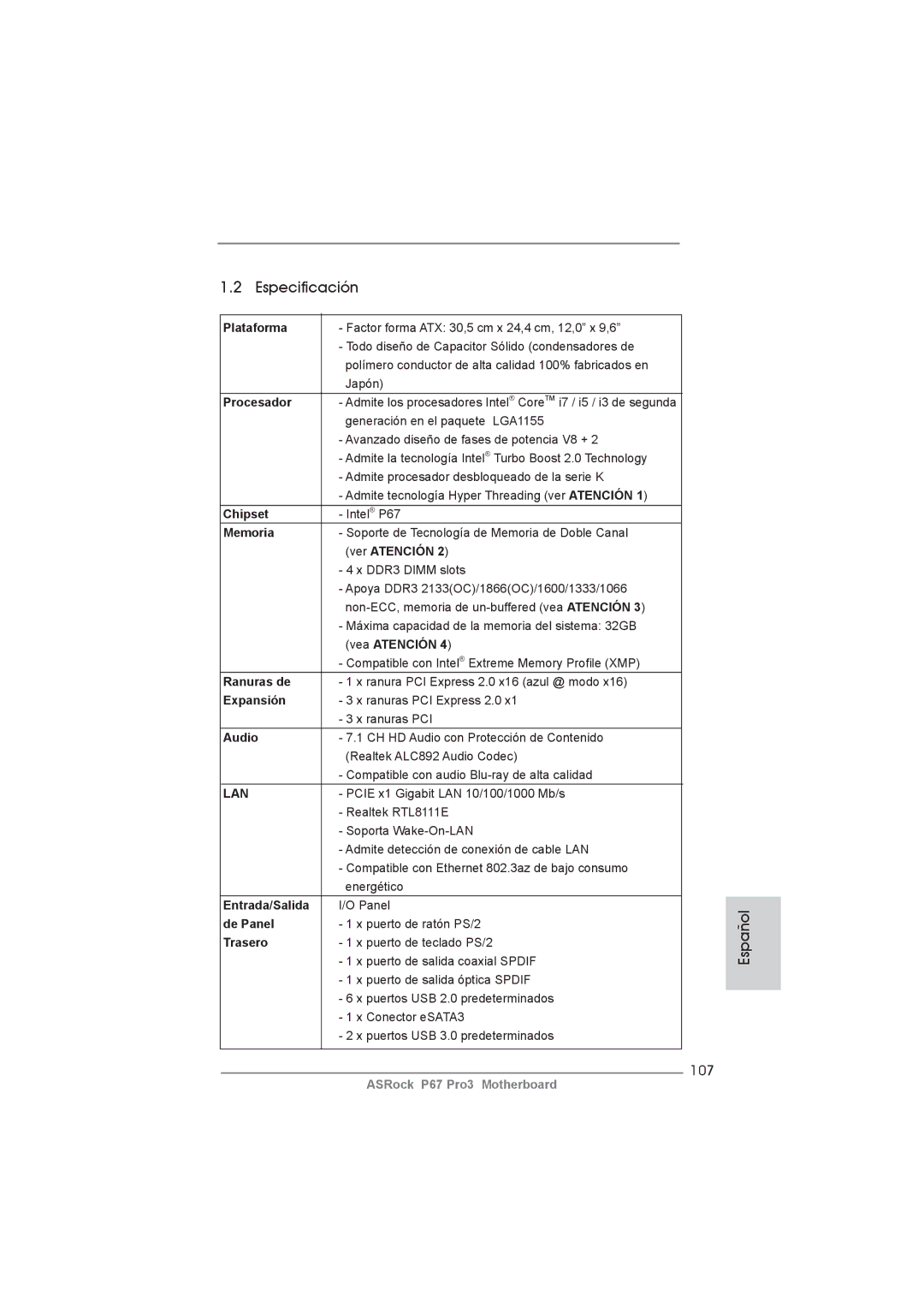 ASRock P67 Pro3 manual Especificación, 107 