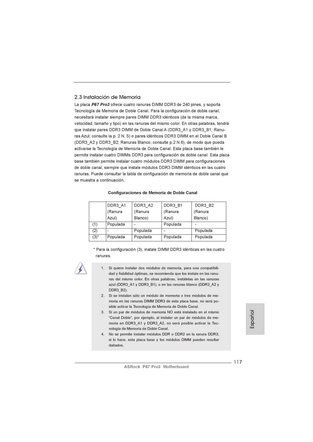 ASRock P67 Pro3 manual Instalación de Memoria, 117, Conﬁguraciones de Memoria de Doble Canal 