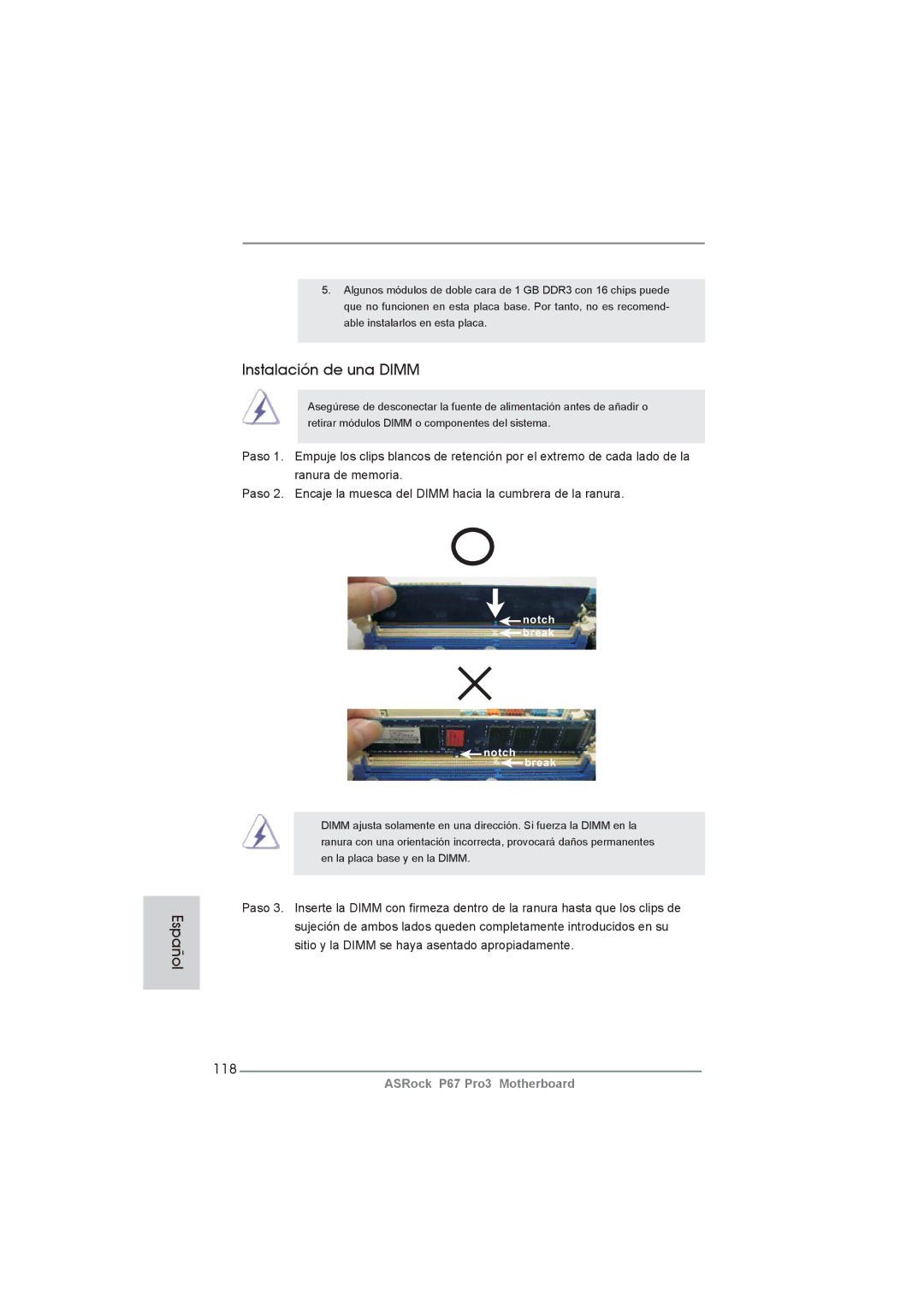 ASRock P67 Pro3 manual Instalación de una Dimm, 118 
