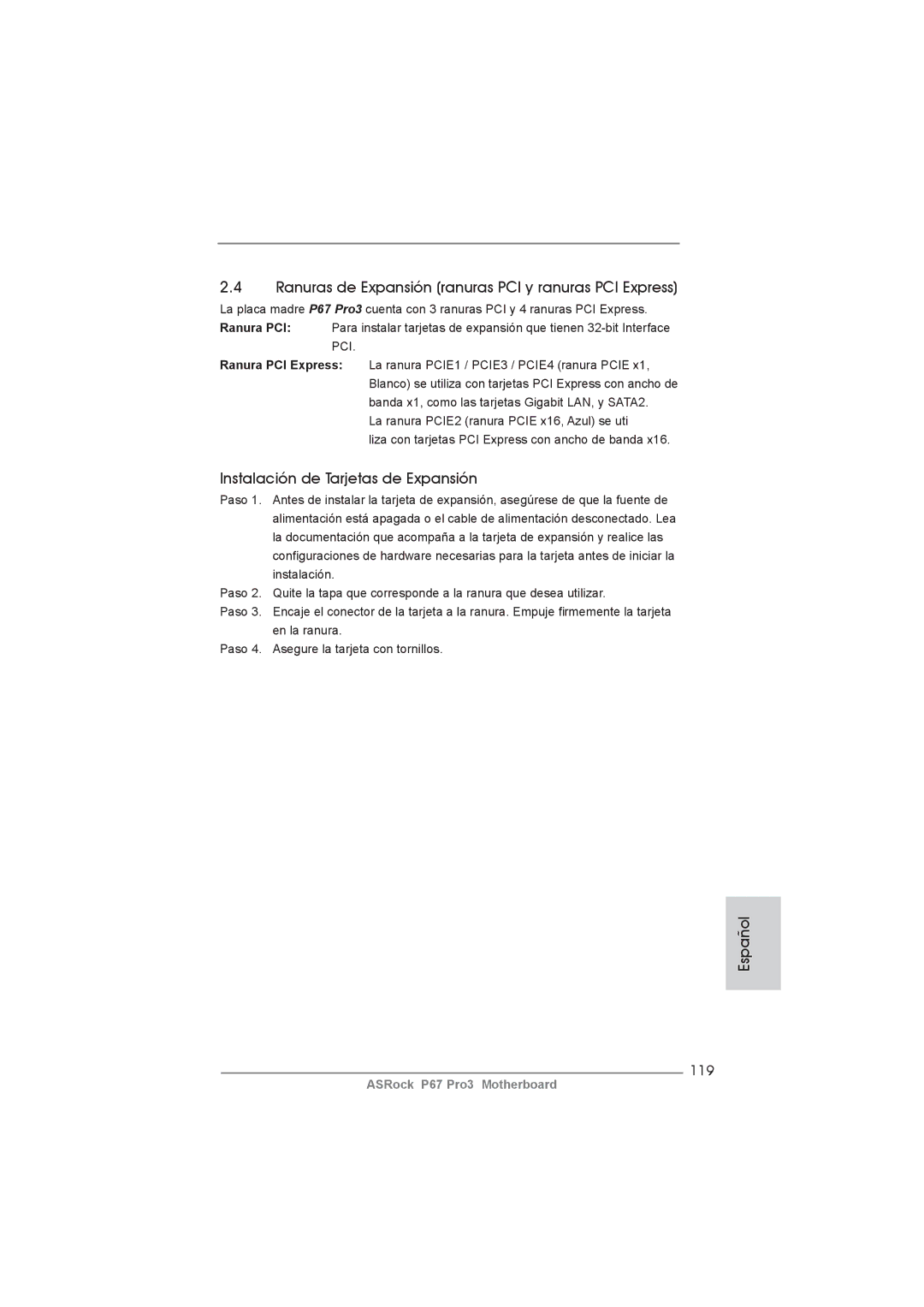 ASRock P67 Pro3 manual Ranuras de Expansión ranuras PCI y ranuras PCI Express, Instalación de Tarjetas de Expansión, 119 