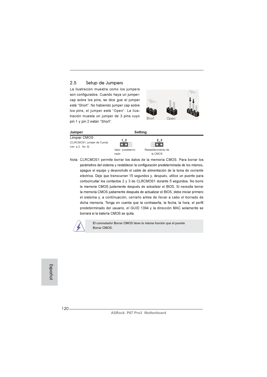 ASRock P67 Pro3 manual Setup de Jumpers, 120, Jumper Setting, Limpiar Cmos 