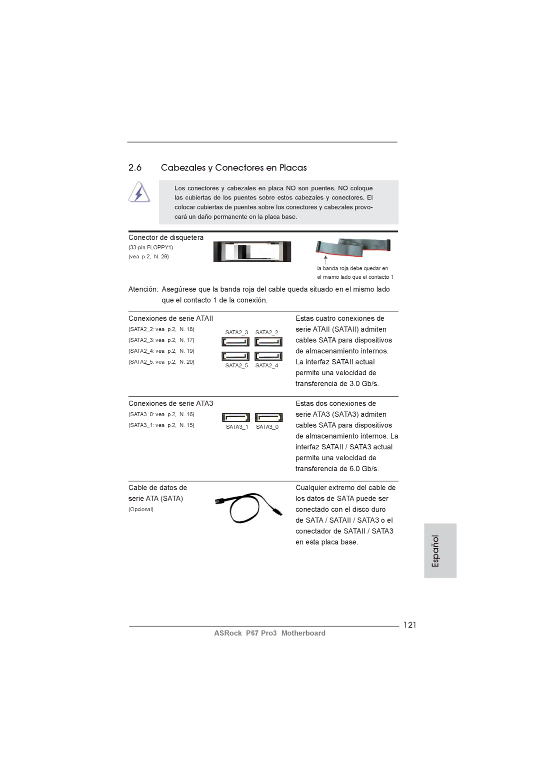 ASRock P67 Pro3 manual Cabezales y Conectores en Placas, 121 