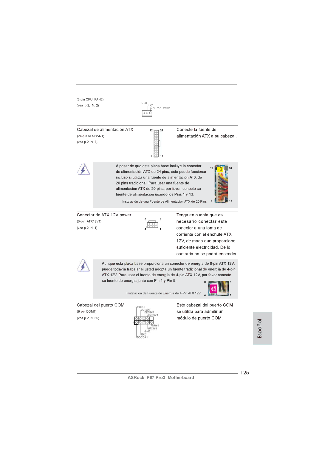 ASRock P67 Pro3 manual 125, Cabezal de alimentación ATX Conecte la fuente de 