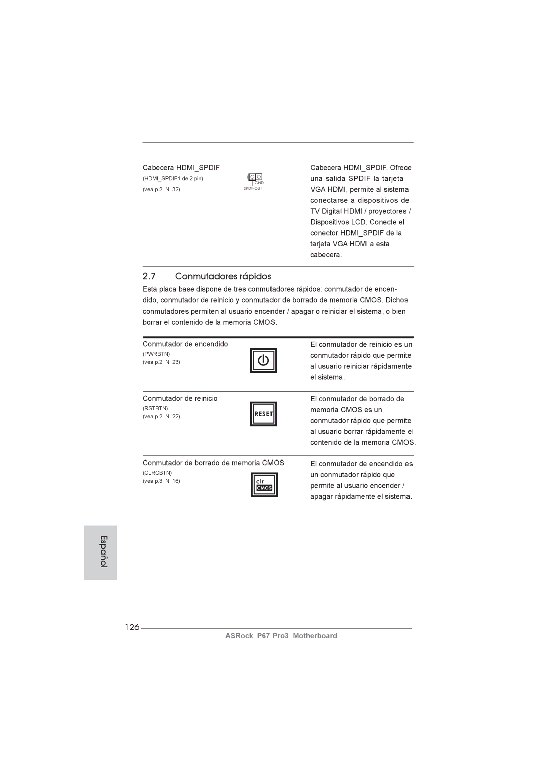 ASRock P67 Pro3 manual Conmutadores rápidos, 126 