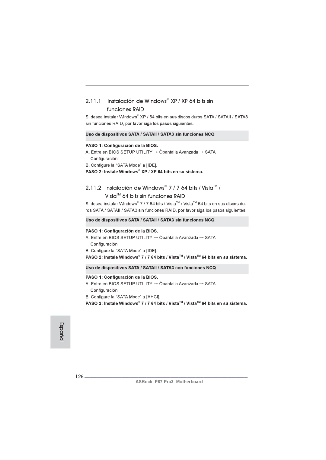 ASRock P67 Pro3 manual Instalación de Windows XP / XP 64 bits sin Funciones RAID, 128 