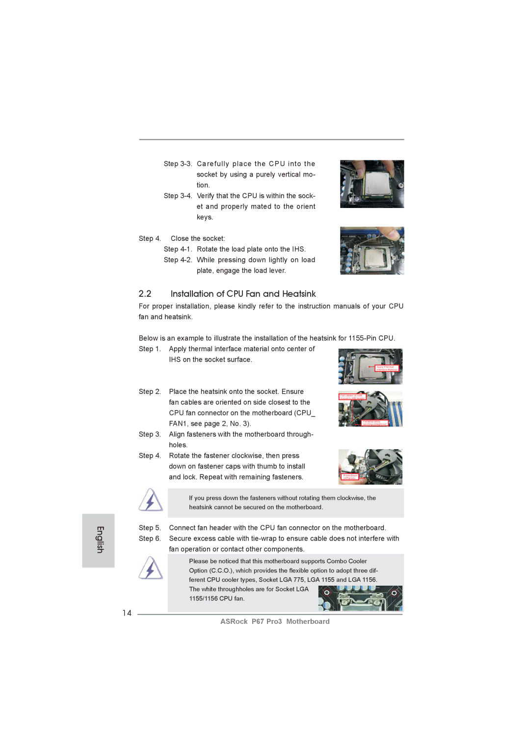 ASRock P67 Pro3 manual Installation of CPU Fan and Heatsink 