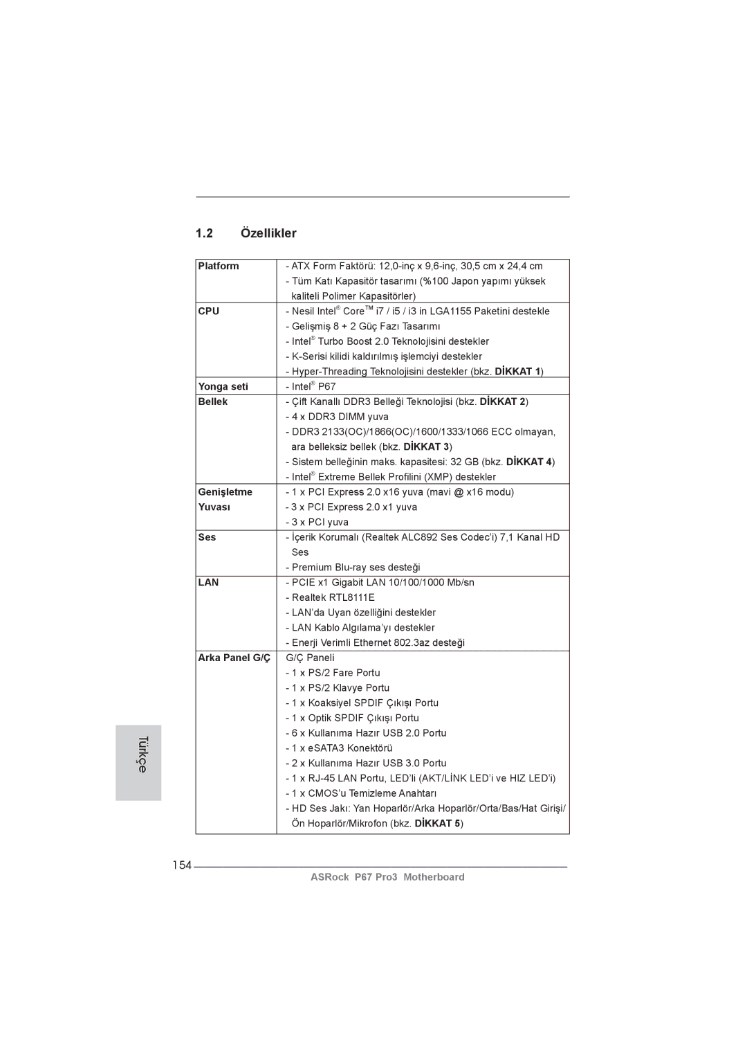 ASRock P67 Pro3 manual Özellikler, 154 
