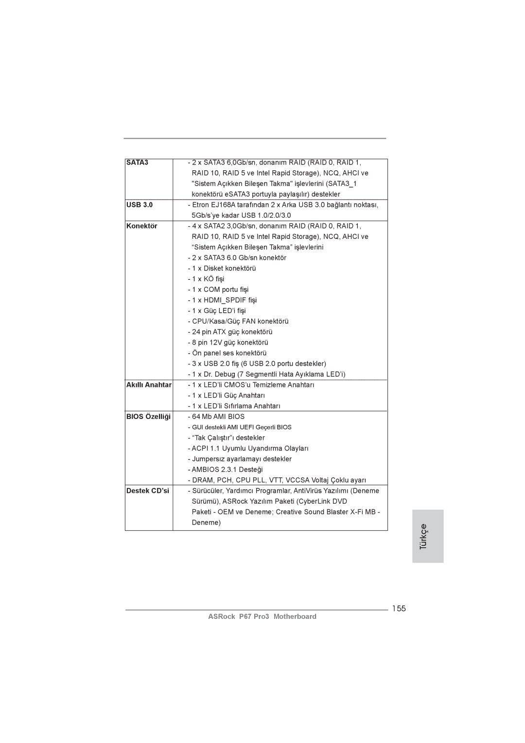 ASRock P67 Pro3 manual 155, Konektör, Bios Özelliği Mb AMI Bios 