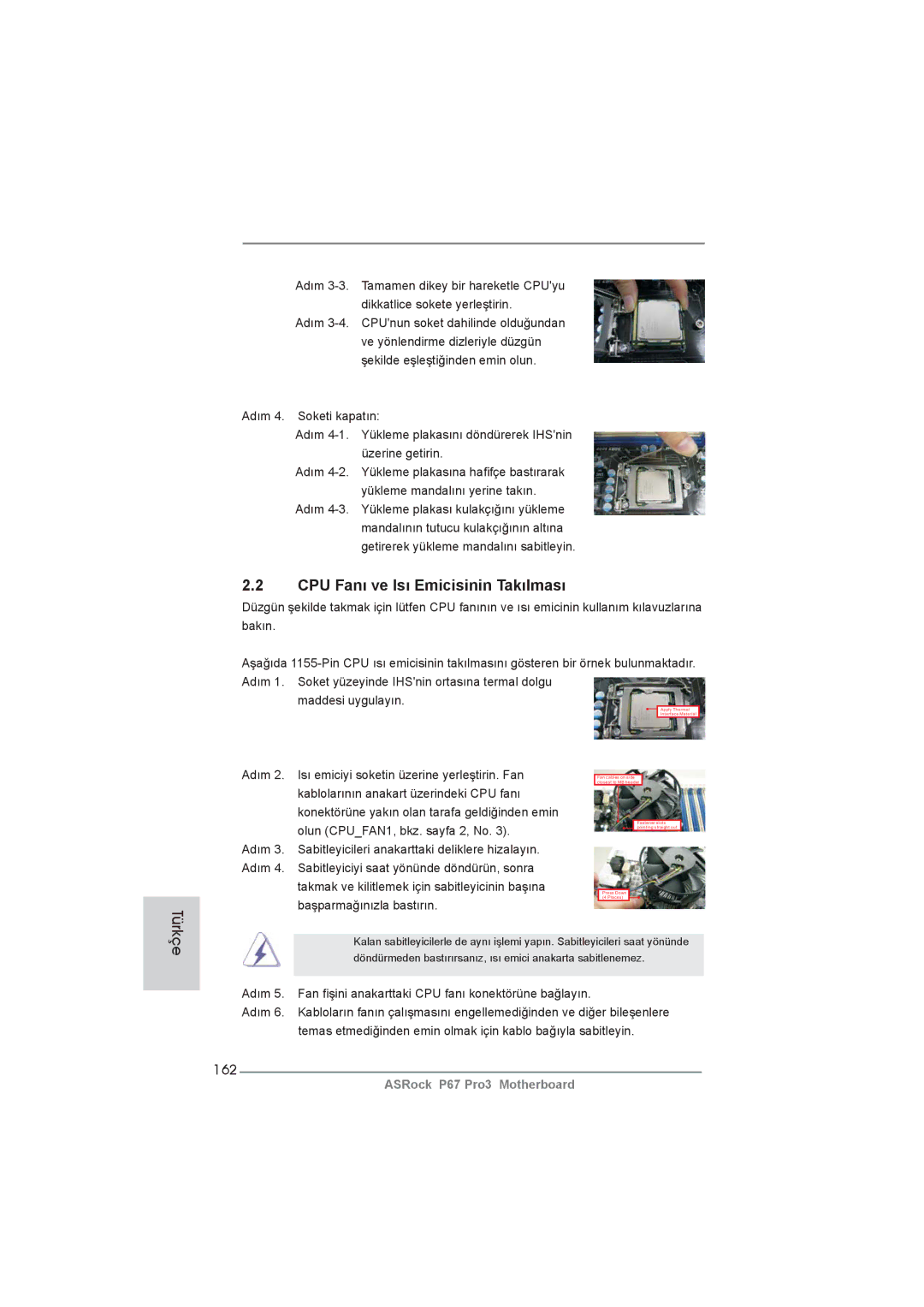 ASRock P67 Pro3 manual CPU Fanı ve Isı Emicisinin Takılması, 162 