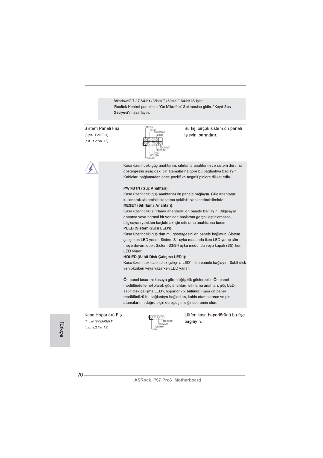 ASRock P67 Pro3 manual 170, Sistem Paneli Fişi, Işlevini barındırır, Kasa Hoparlörü Fişi, Bağlayın 