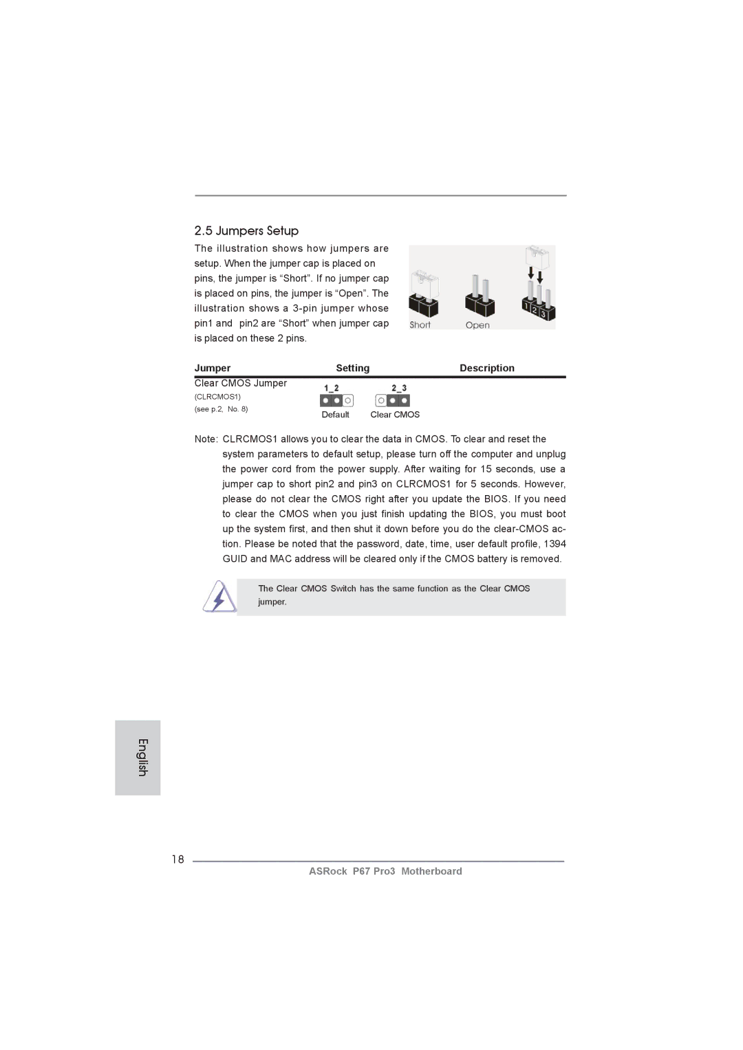 ASRock P67 Pro3 manual Jumpers Setup, Description, Clear Cmos Jumper 