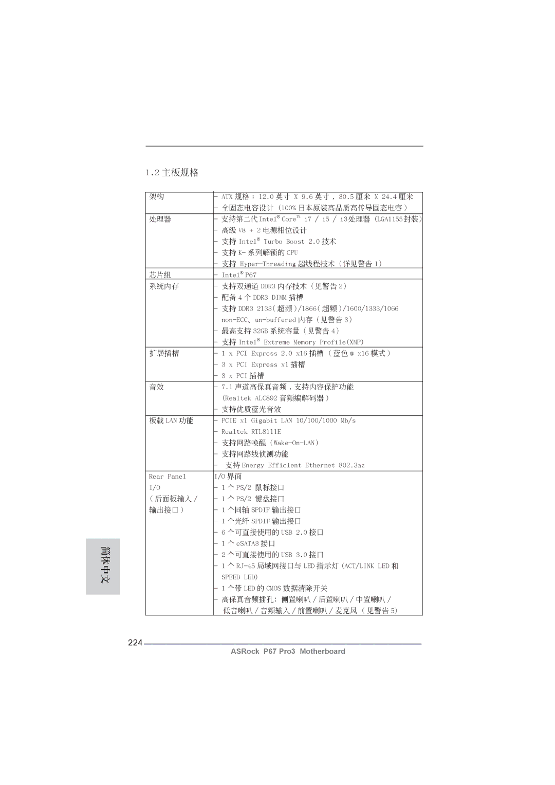 ASRock P67 Pro3 manual 主板規格, 224 