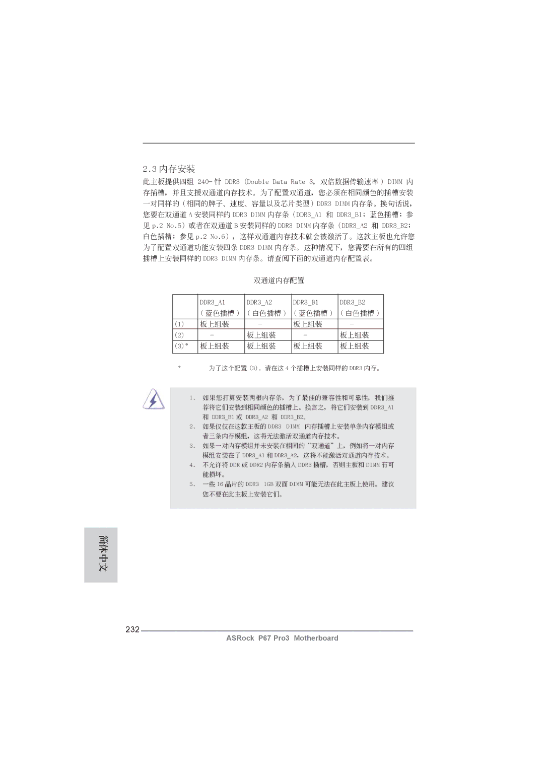 ASRock P67 Pro3 manual 內存安裝, 232 