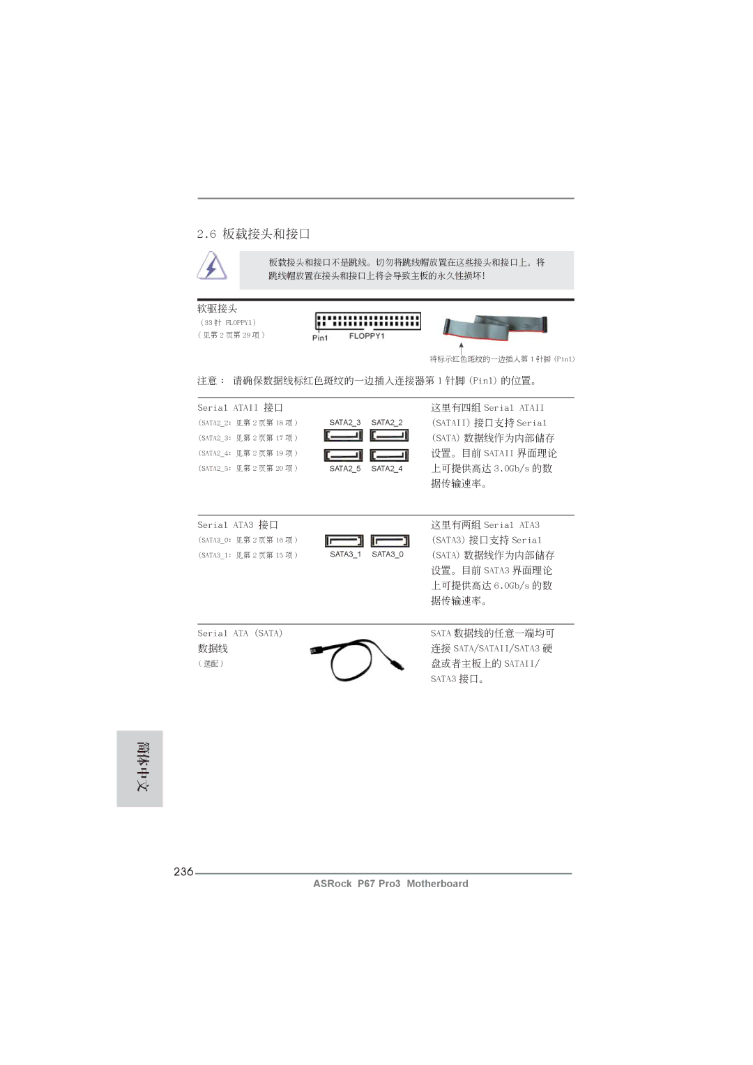 ASRock P67 Pro3 manual 板載接頭和接口, 236 