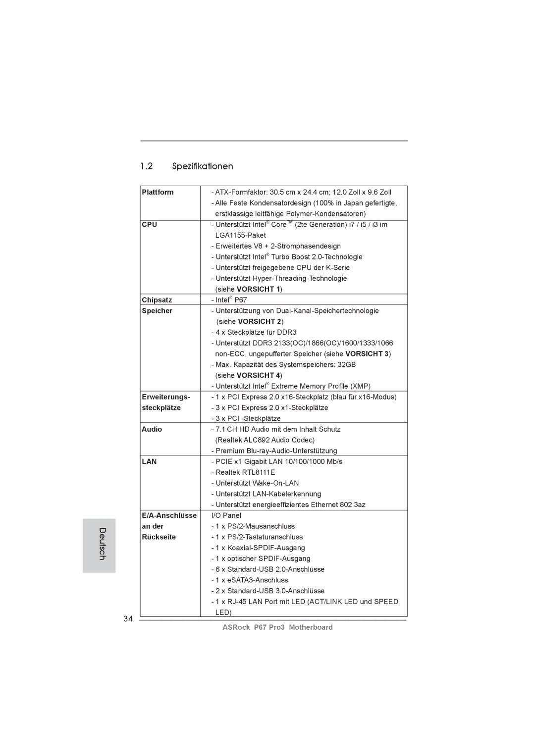 ASRock P67 Pro3 manual Spezifikationen 