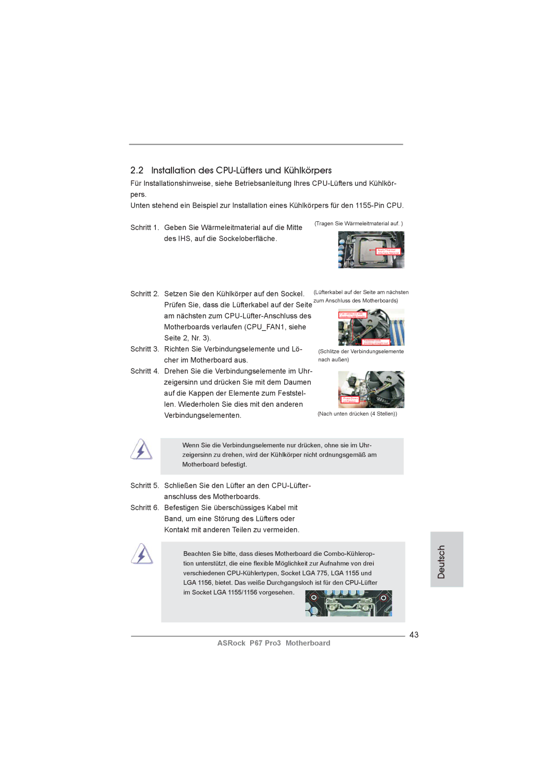 ASRock P67 Pro3 manual Installation des CPU-Lüfters und Kühlkörpers 