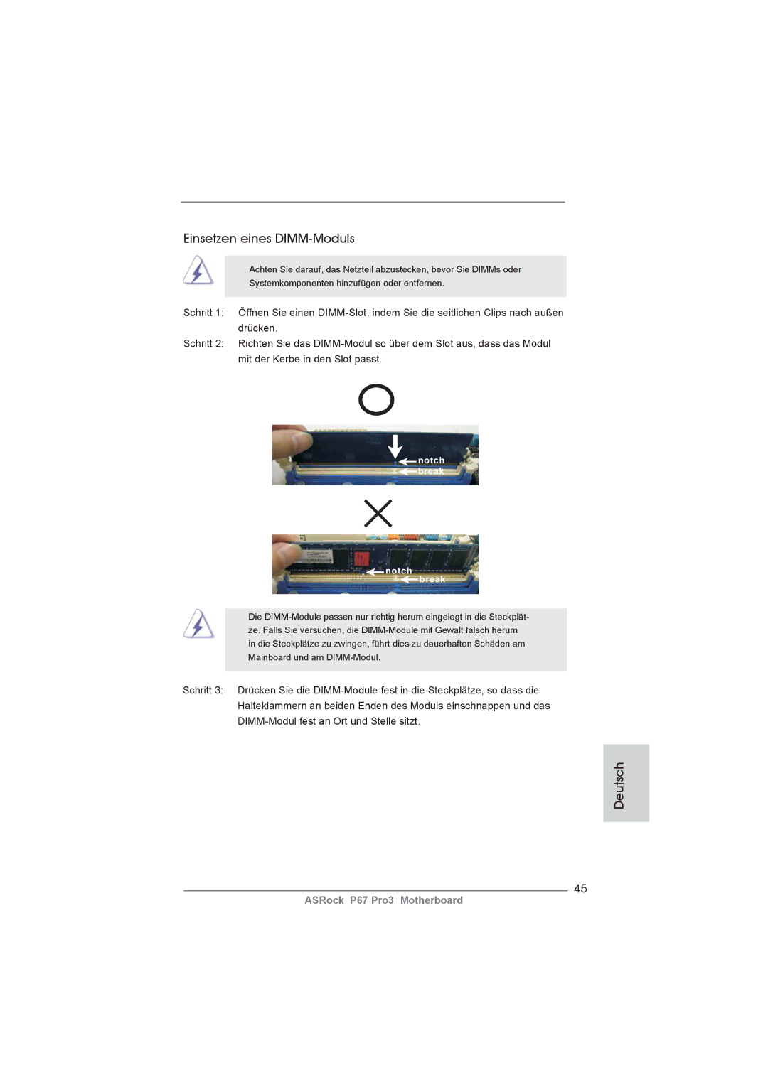 ASRock P67 Pro3 manual Einsetzen eines DIMM-Moduls 