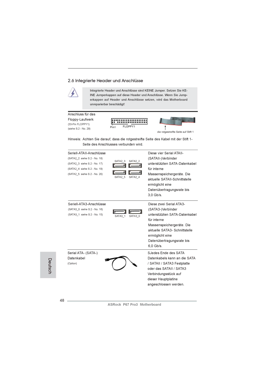 ASRock P67 Pro3 manual Deutsch Integrierte Header und Anschlüsse 