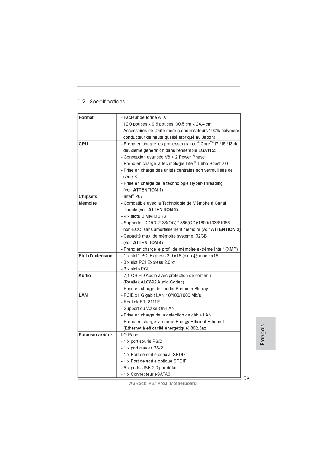 ASRock P67 Pro3 manual Spécifications 