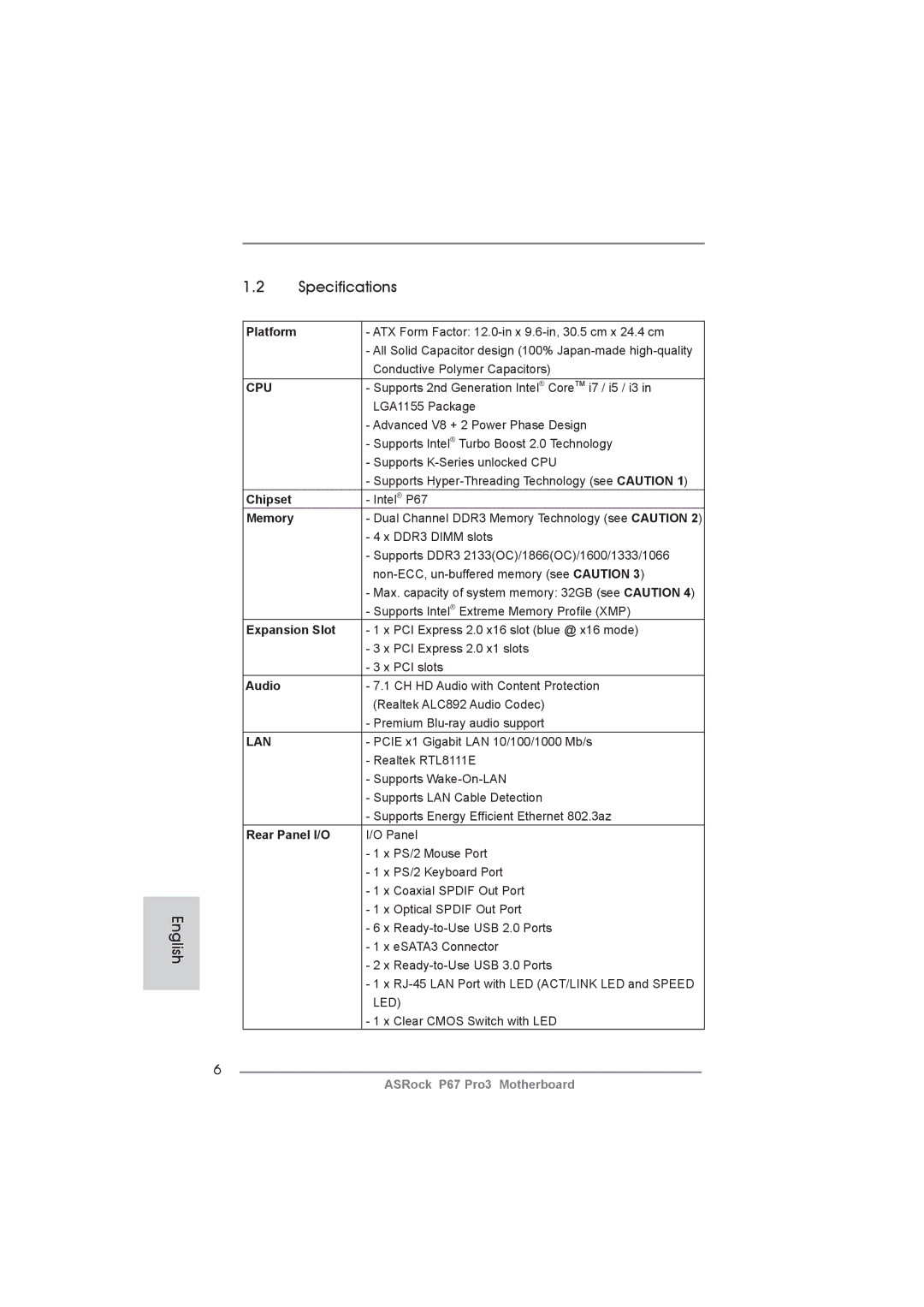 ASRock P67 Pro3 manual English Specifications 