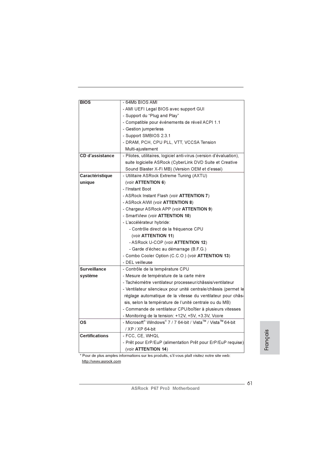 ASRock P67 Pro3 manual CD d’assistance, Caractéristique, Unique Voir Attention, Surveillance, Système 