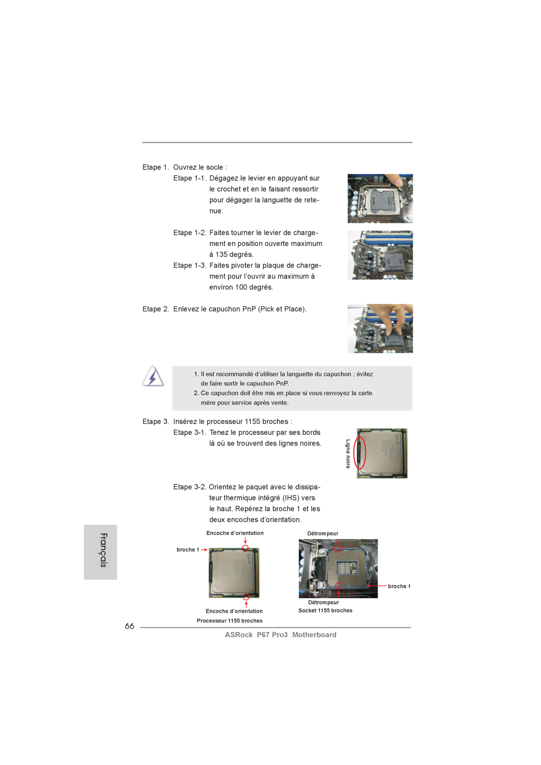 ASRock P67 Pro3 manual Etape 3. Insérez le processeur 1155 broches 