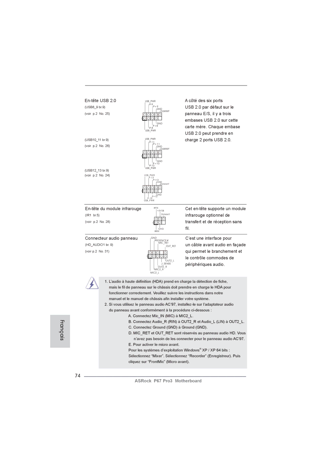 ASRock P67 Pro3 manual En-tête USB, Infrarouge optionnel de, Transfert et de réception sans, Connecteur audio panneau 