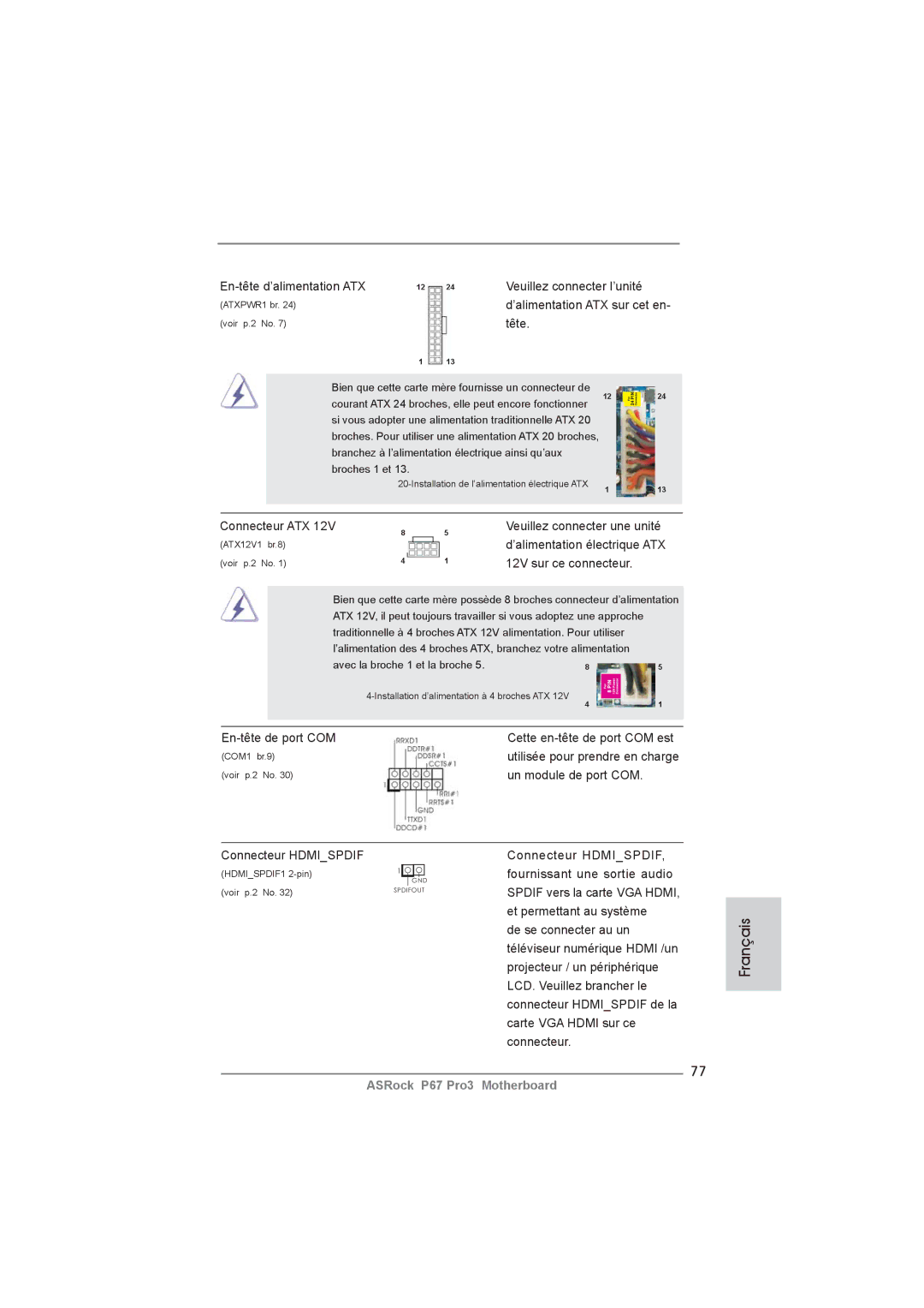 ASRock P67 Pro3 manual En-tête d’alimentation ATX, Connecteur ATX, 12V sur ce connecteur, Un module de port COM 