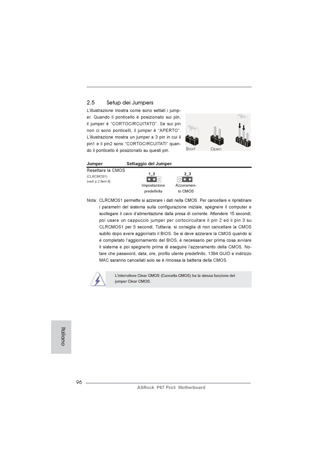 ASRock P67 Pro3 manual Setup dei Jumpers, Resettare la Cmos 