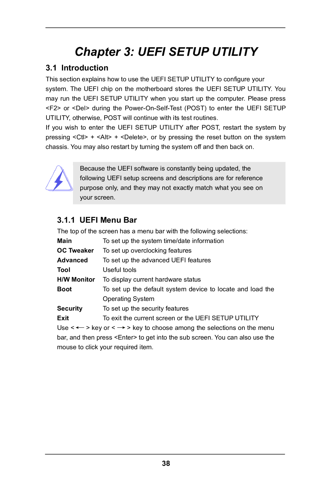 ASRock P75 Pro3 manual Introduction, Uefi Menu Bar 