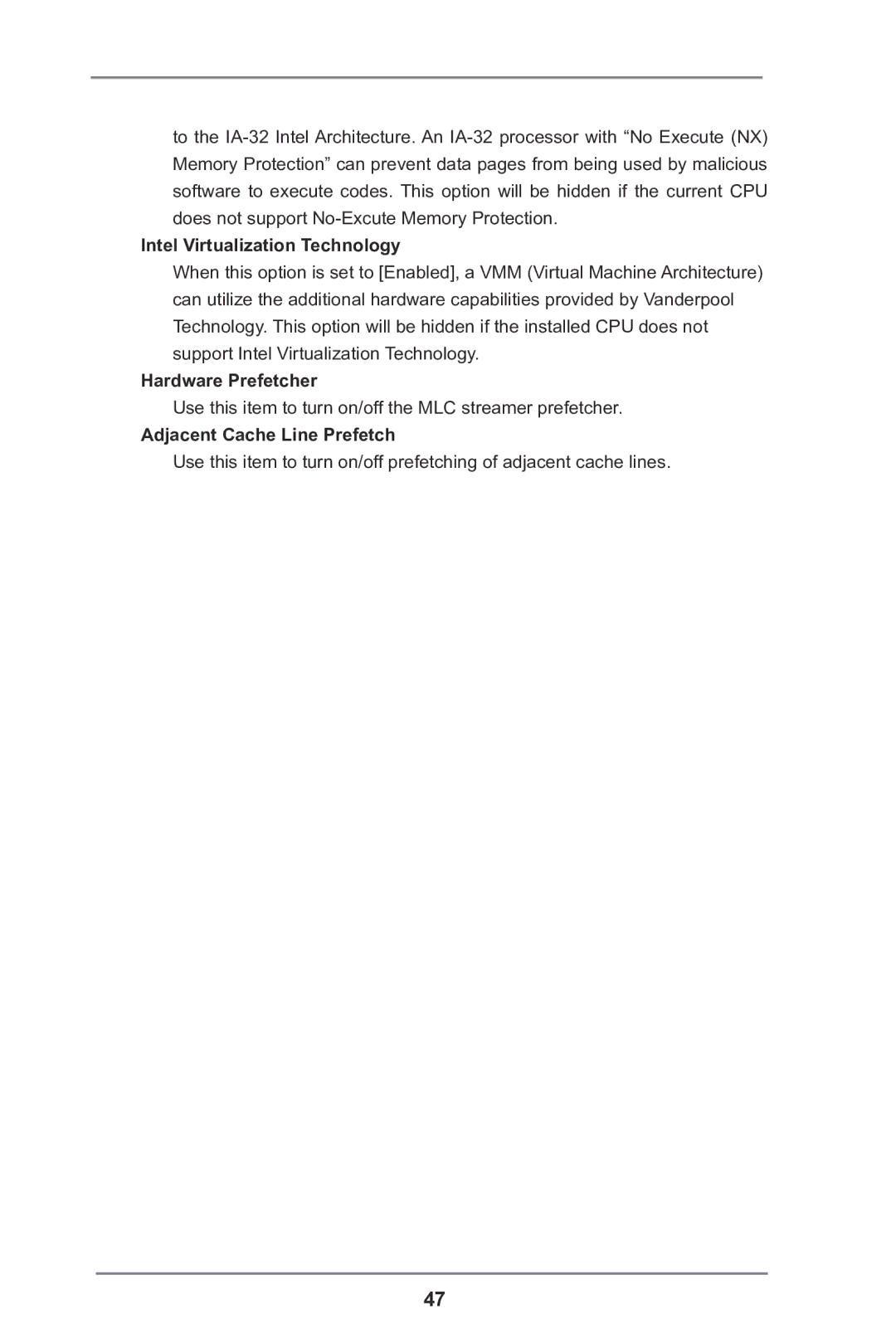 ASRock P75 Pro3 manual Intel Virtualization Technology, Hardware Prefetcher, Adjacent Cache Line Prefetch 