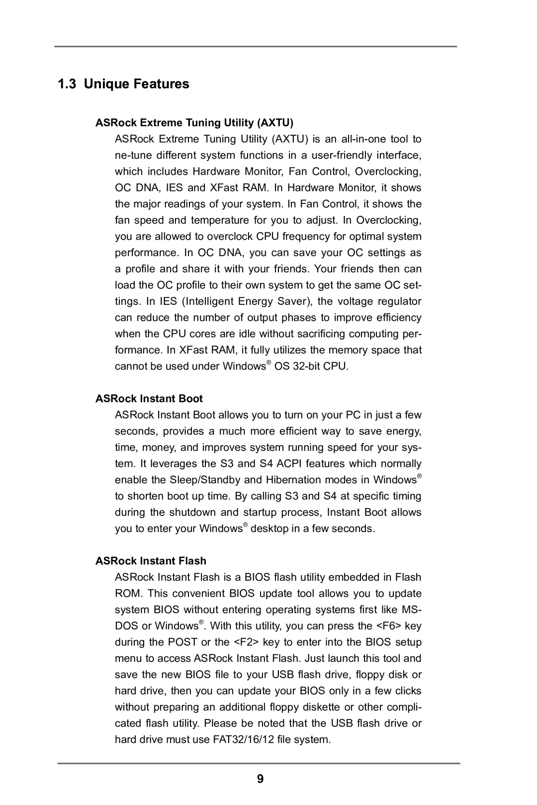 ASRock P75 Pro3 manual Unique Features, ASRock Extreme Tuning Utility Axtu, ASRock Instant Boot, ASRock Instant Flash 