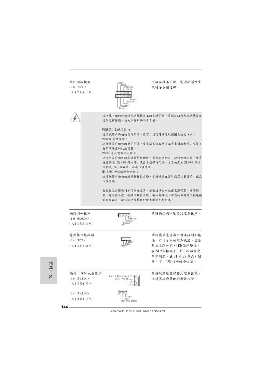 ASRock P75 Pro3 manual 144, 啟鍵等各種連線。 