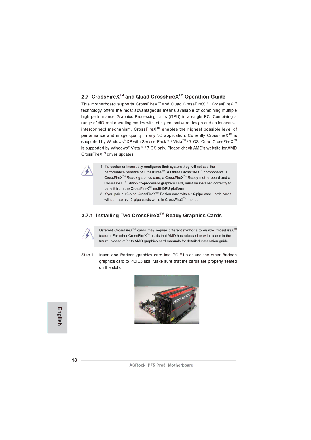 ASRock P75 Pro3 manual CrossFireXTM and Quad CrossFireXTM Operation Guide, Installing Two CrossFireXTM-Ready Graphics Cards 