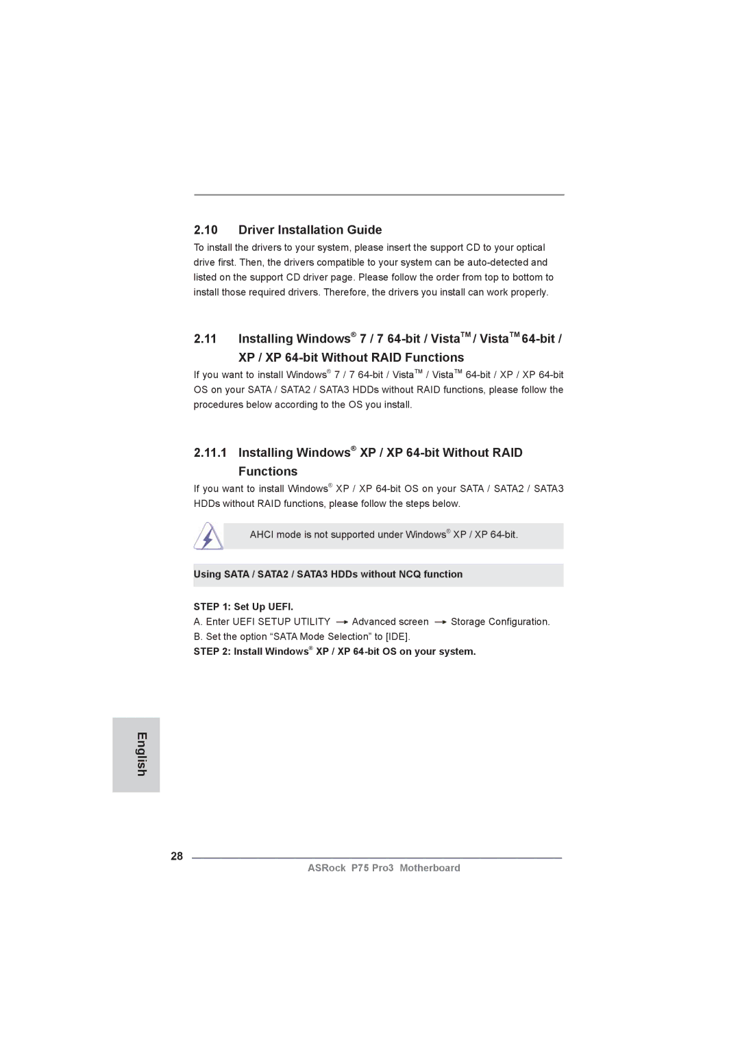 ASRock P75 Pro3 manual Driver Installation Guide, Installing Windows XP / XP 64-bit Without RAID Functions 