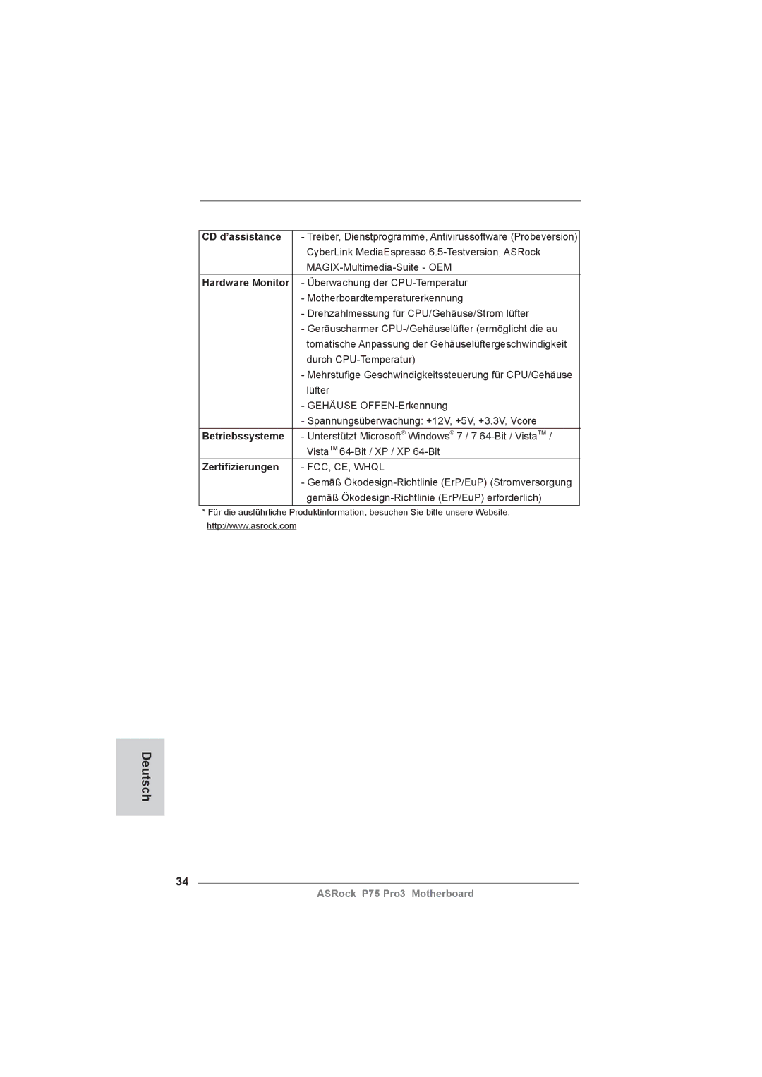 ASRock P75 Pro3 manual CD d’assistance, Hardware Monitor, Zertiﬁzierungen 