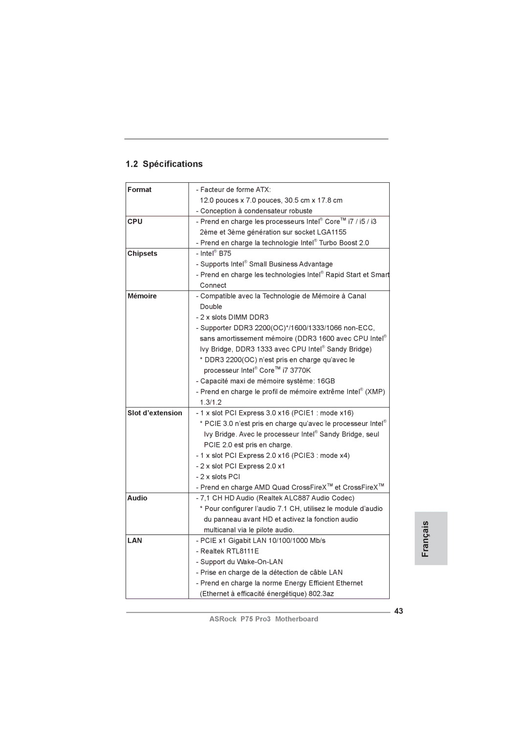 ASRock P75 Pro3 manual Spéciﬁcations, Format, Chipsets, Mémoire, Slot d’extension 