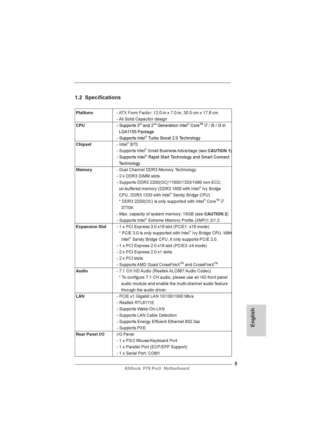 ASRock P75 Pro3 manual Speciﬁcations 