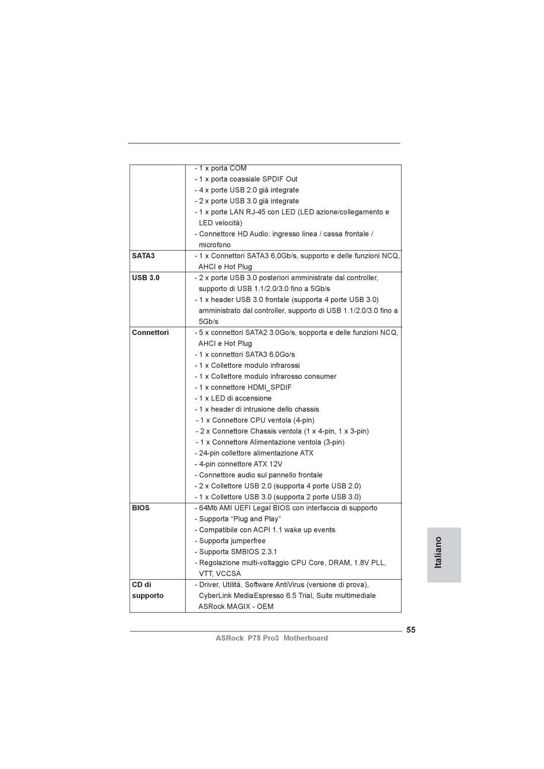 ASRock P75 Pro3 manual Ahci e Hot Plug, Connettori, CD di, Driver, Utilità, Software AntiVirus versione di prova, Supporto 