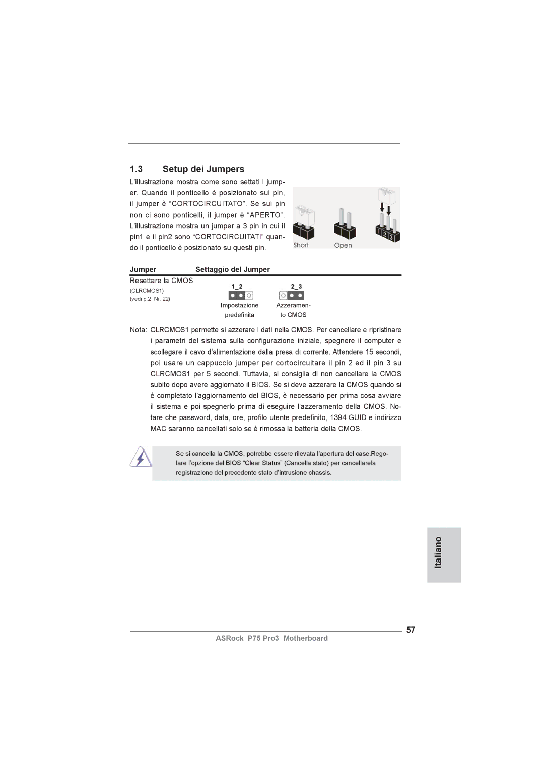 ASRock P75 Pro3 manual Setup dei Jumpers, Jumper Settaggio del Jumper, Resettare la Cmos, Vedi p.2 Nr 